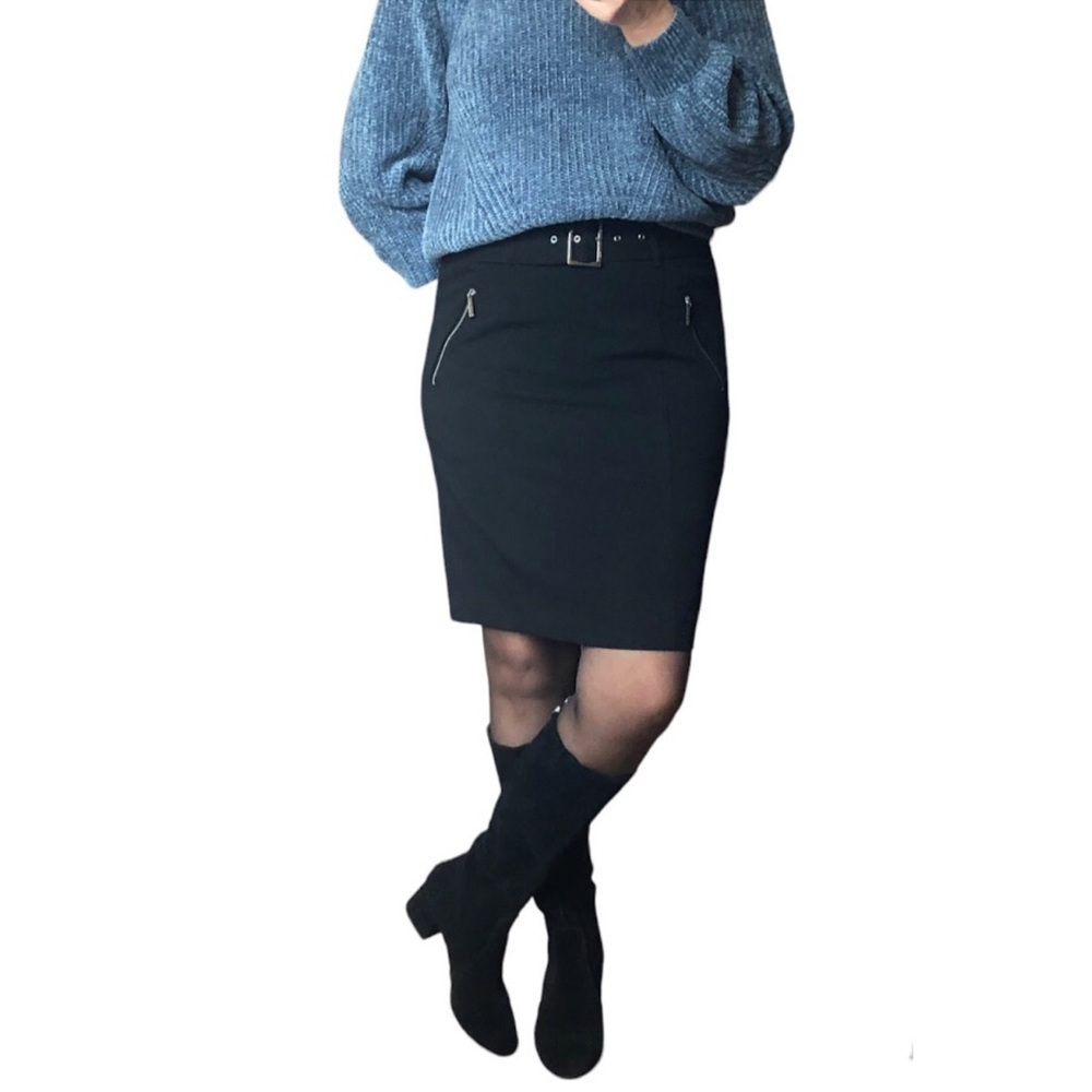 Adrienne Vittadini Black Knee Length Pencil Skirt w/Belt & Zipped Pockets Career